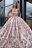 Princess Ball Gown Spaghetti Straps Beads Floral Print Prom Dresses Long Quinceanera Dress STF15294