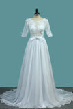 2024 Wedding Dresses A Line Scoop With Sash And Handmade Flower Court PS87EY2E