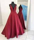 2024 Sexy Burgundy Red Long V Neck Red Evening Dress Simple