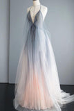 Simple Deep V Neck Ombre Tulle Halter Sleeveless Prom Dresses Backless Formal Dresses STF15391