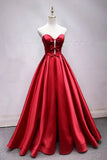 A Line Sweetheart Red Satin Lace Up Long Prom Dresses with Bowknot, Cheap Formal Dresses STF15035