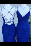 Spaghetti Crossed Straps Royal Blue Mermaid Prom Dresses V Neck Lace PQDT9MKZ