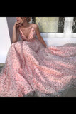 2024 Elegant Pink V Neck Floral Lace Long Prom Dresses Spaghetti Strap PM7QKG4N