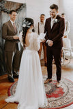 Elegant A Line Long Sleeves Round Neck Backless Boho Wedding Dress, Bridal STF20409
