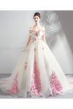 Unique Off The Shoulder Tulle Wedding Dress With Pink Flowers Ball Gown Wedding STFPQ4NB2CL
