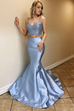 Two Piece Satin Prom Dresses With Lace Spaghetti Straps Mermaid Long Party STFPLPBLEY2