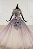 Sparkly Ball Gown Ombre Half Sleeves Jewel Long Prom Dresses, Beads Quinceanera Dresses STF15601