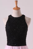 2024 Bicolor Prom Dresses A-Line Scoop Floor-Length Tulle Black Bodice Zipper PTPPCKMF