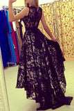 Black A Line Asymmetrical Brush Train Scoop Neck Sleeveless Lace Prom Dresses