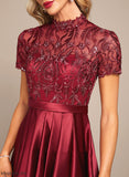 Ruffle Cocktail Neck A-Line Cocktail Dresses Evelyn High Asymmetrical Lace With Dress Sequins Satin