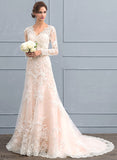 Wedding Wedding Dresses Court V-neck Dress Ashlyn Tulle Train Trumpet/Mermaid Lace