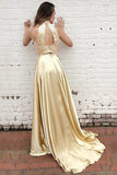 Gold Two Piece A Line Sweep Train Sleeveless Beading Prom Dresses