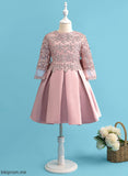 Knee-length Satin/Lace Flower Scoop Long Bow(s) A-Line Girl - With Sleeves Dress Hanna Neck Flower Girl Dresses