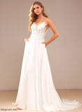 Wedding Trudie Beading V-neck Pockets Lace Chiffon Court With Sequins A-Line Wedding Dresses Lace Train Feather Dress