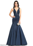 With Roselyn Train Satin V-neck Sweep Trumpet/Mermaid Prom Dresses Lace Beading