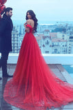 Red A Line Court Train Off Shoulder Sweetheart Sleeveless Lace Up Prom Dresses