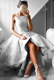 Gray A Line Asymmetrical Halter Sleeveless Lace Prom Dresses