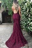 Burgundy Trumpet Court Train Deep V Neck Sleeveless Backless Lace Prom Dresses