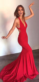Stunning Red V Neck Open Back Trumpet Prom Dresses