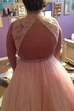 Pink A Line Floor Length Sleeveless High Neck Tulle Appliques Plus Size Prom Dresses