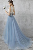 Blue Two Piece A Line Brush Train Sleeveless Tulle Prom Dresses