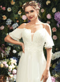 With Court Organza Wedding Cold Shoulder Gianna Ruffle Train A-Line Beading Wedding Dresses Dress Sequins