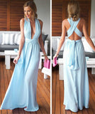 Blue A Line Floor Length Deep V Neck Sleeveless X Back Prom Dresses
