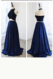 Royal Blue Two Piece A Line Sweep Train Halter Sleeveless Backless Prom Dresses