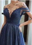 Charming A Line Blue Ombre Tulle Prom Dresses with Open Back, Evening STF20394