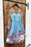Unique Long Sleeve Blue Short Prom Dresses With 3D Appliques, Homecoming Dress STF15604