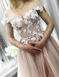 A Line Off the Shoulder Sweetheart Beads Tulle Pink Prom Dresses with Applique STF15007