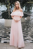 Charming Off Shoulder Ruffle Pink Chiffon Long Prom Dresses Bridesmaid Dresses STF15114