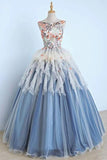 Princess Ball Gown Appliques Blue Tulle Prom Dresses, Sweet 16 Dress, Quinceanera Dress STF15289