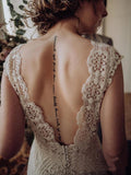 Vintage Lace Appliques Ivory V Neck Cap Sleeves Mermaid Wedding Dresses, Wedding Gowns STF15542