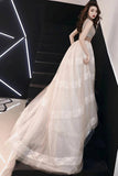 Unique V Neck Tulle Lace Long Prom Dress Tulle V Back Evening Dress PJJQQ744