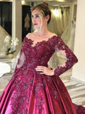 Ball Gown Long Sleeves Burgundy Satin Beads Prom Dresses with Appliques, Quinceanera Dress STF15498