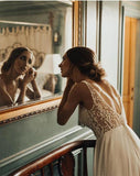 Elegant A Line Tulle Ivory V Neck Wedding Dresses With Pearls, V Back Beach Bridal Dresses STF15153