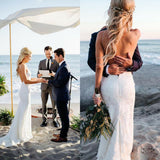 Spaghetti Straps V Neck Lace Wedding Dresses, Backless Mermaid Beach Wedding Gowns STF15423