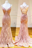 Mermaid Spaghetti Straps Pink Lace V Neck Beads Prom Dresses with STF15654