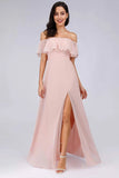 Charming Off Shoulder Ruffle Pink Chiffon Long Prom Dresses Bridesmaid Dresses STF15114