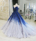 Ombre Ball Gown Royal Blue Prom Dresses With Appliques, Long V Neck Quinceanera Dresses STF15275