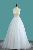 2024 Organza V Neck A Line Wedding Dresses With Applique And Beads PH8ECCNN