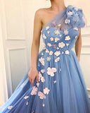 Charming One Shoulder Blue Tulle 3D Flowers Prom Dresses, Long Cheap Dance Dresses STF15119
