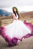 Flowy Two Pieces White Straps Prom Dresses Bateau Fuchsia Dyed Chiffon Wedding Dress STF15233