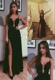 A Line Black Beads Chiffon Prom Dresses with Appliques Split Long Evening STF20380