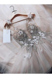 A Line Spaghetti Straps Tulle Beads V Neck Prom Dresses HandMade Flowers Wedding STFPATMMD6Y