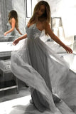 Flowy A Line Spaghetti Straps Grey Tulle Long Prom Dresses Cheap Dance Dresses STF15228