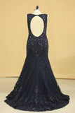 2024 Plus Size See-Through Prom Dresses Scoop Mermaid Tulle With Applique And Beading P2PHBMAR