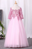 2024 Flower Girl Dresses Ball Gown Scoop 3/4 Length Sleeves Tulle Floor Length PS6EDGSQ
