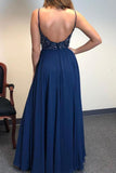 A Line Spaghetti Straps V Neck Chiffon Royal Blue Prom Dresses with Slit Beads Formal Dress STF15032